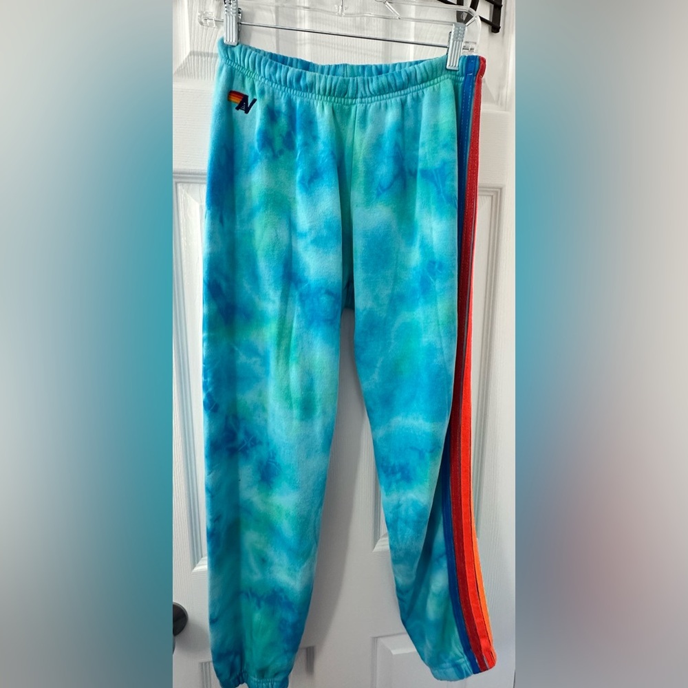 Aviator Nation Blue Tie-Dye Joggers with Neon Stripes on leg sides- M - EUC